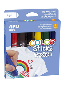 Apli Color Sticks Textil Pack de 6 Temperas Solidas 6gr para Uso en Textil - Secado al Aire en 12 Horas - Sin Disolventes - Para Niños a partir de 3 a