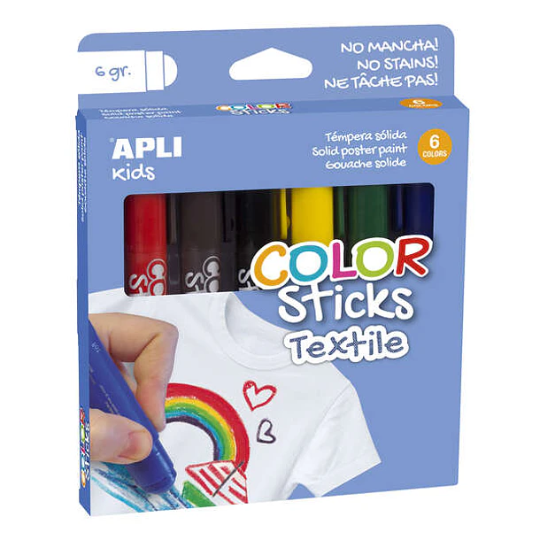 Apli Color Sticks Textil Pack de 6 Temperas Solidas 6gr para Uso en Textil - Secado al Aire en 12 Horas - Sin Disolventes - Para Niños a partir de 3 a