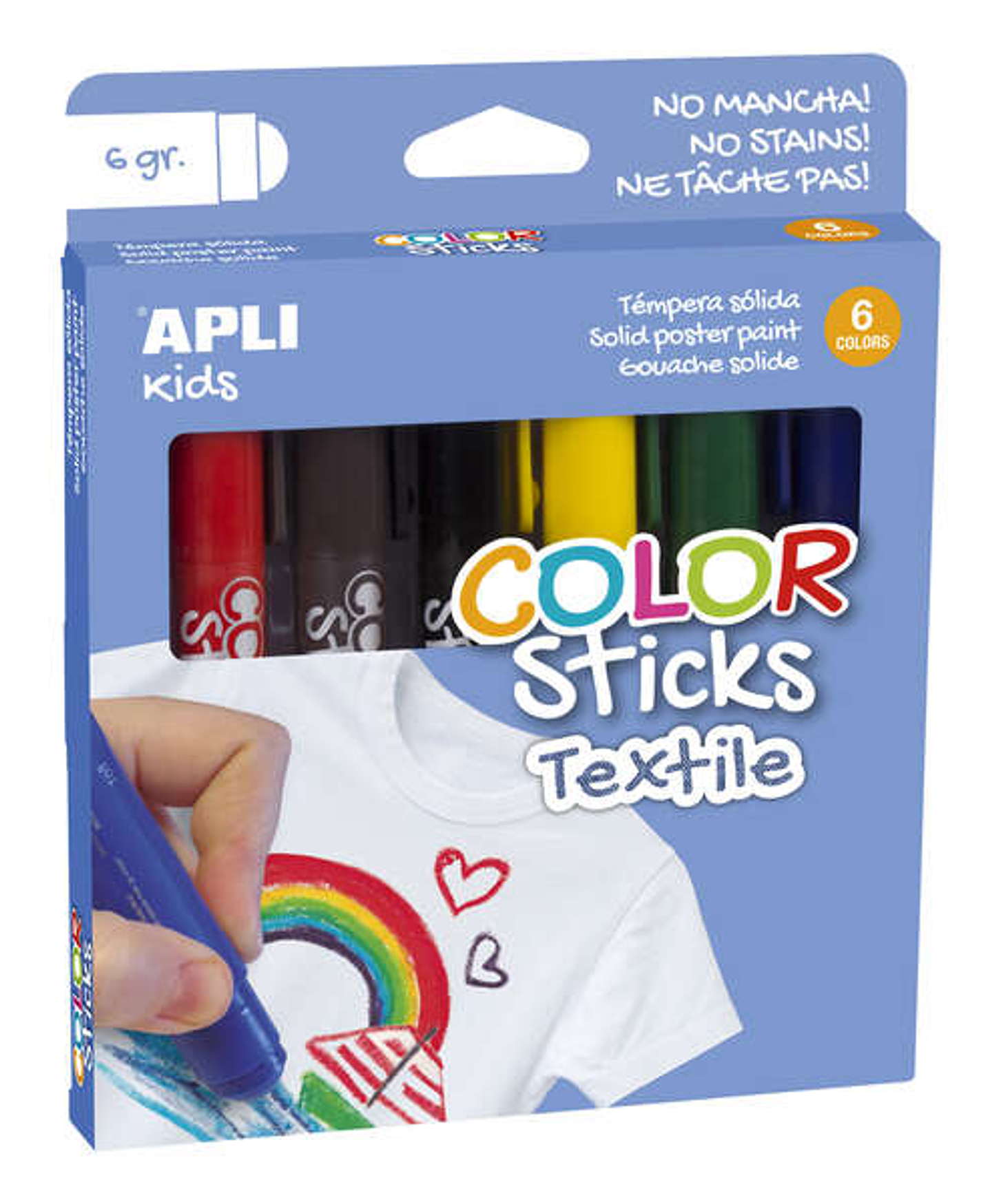 Apli Color Sticks Textil Pack de 6 Temperas Solidas 6gr para Uso en Textil - Secado al Aire en 12 Horas - Sin Disolventes - Para Niños a partir de 3 a 1