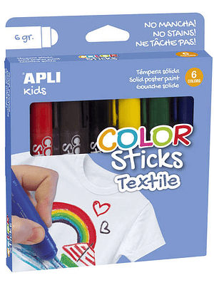 Apli Color Sticks Textil Pack de 6 Temperas Solidas 6gr para Uso en Textil - Secado al Aire en 12 Horas - Sin Disolventes - Para Niños a partir de 3 a