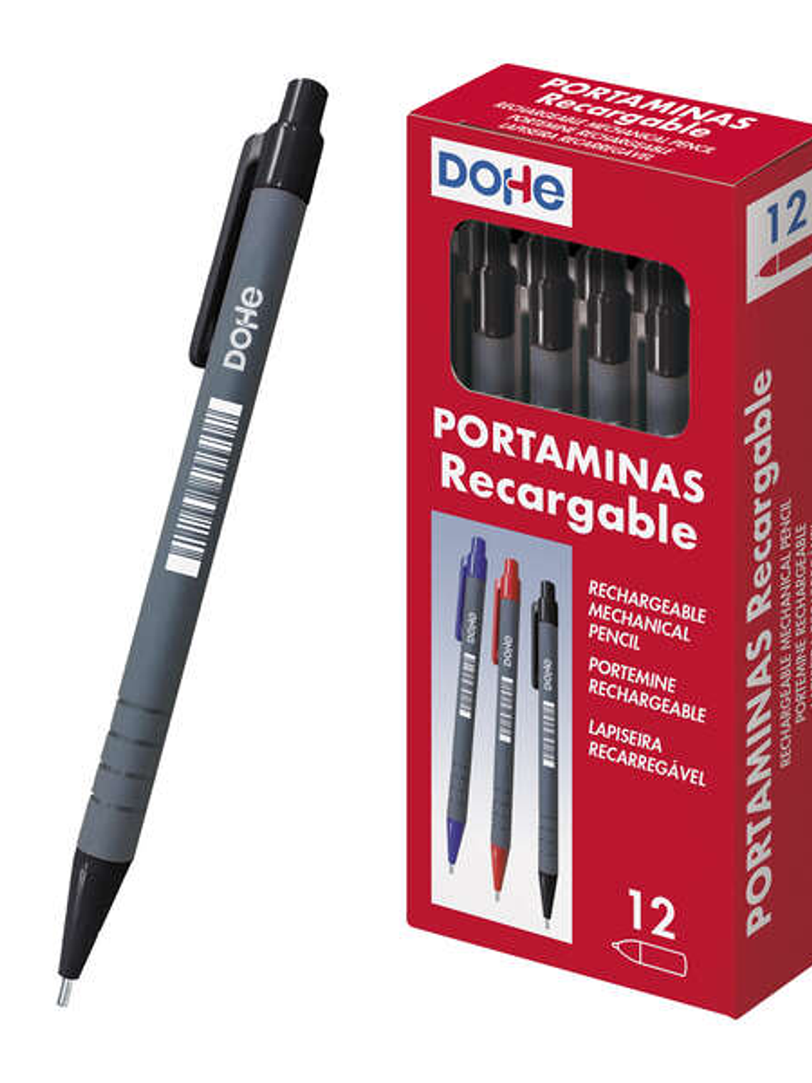 Dohe Portaminas Recargable - 0.5mm - Cuerpo de Plastico - Punta Acolchada Metalica - Clip - Goma de Borrar en Pulsador - Grip 1