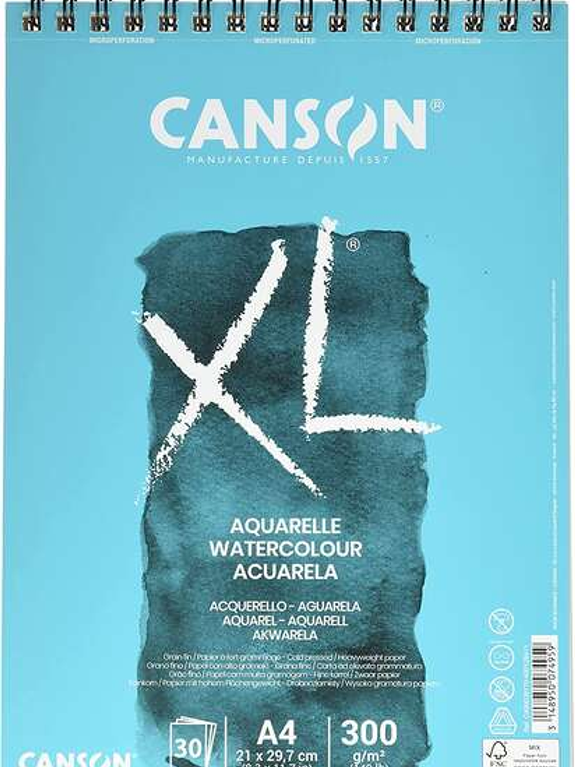 Canson XL Aquarelle Album Espiral Microperforado de 30 Hojas A4 - Grano Fino - 21x29.7cm - 300g - Color Blanco 1