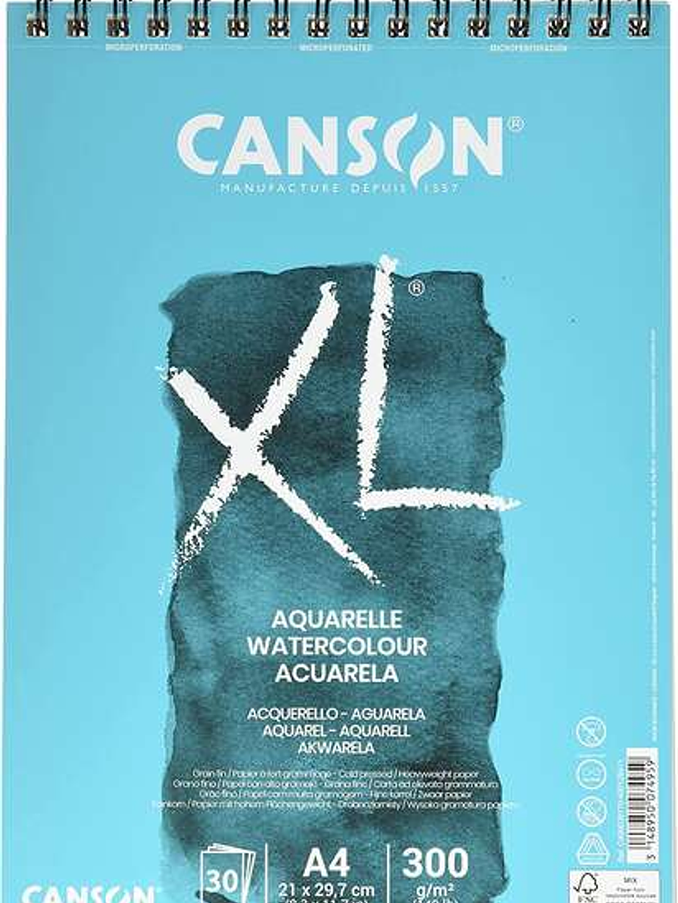 Canson XL Aquarelle Album Espiral Microperforado de 30 Hojas A4 - Grano Fino - 21x29.7cm - 300g - Color Blanco 1