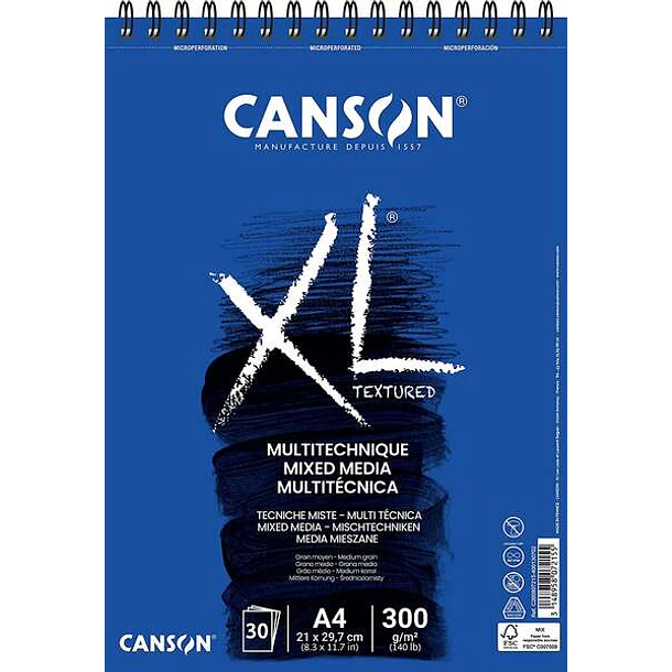 Canson Xl Mix Media Bloc de Dibujo Acuarela de 30 Hojas A4 - Grano Medio - Microperforado Espiral - 21x29.7cm - 300g - Color Blanco