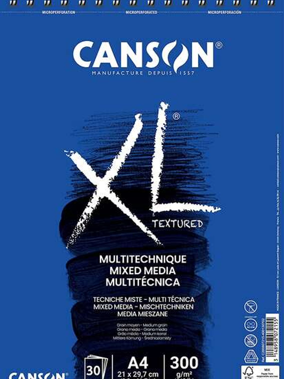 Canson Xl Mix Media Bloc de Dibujo Acuarela de 30 Hojas A4 - Grano Medio - Microperforado Espiral - 21x29.7cm - 300g - Color Blanco 1