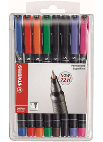 Stabilo OHPen Pack de 8 Rotuladores Permanentes - Punta Superfina - Trazo de 0.4mm - Agarre Antideslizante - Tapon Ventilado - Colores Surtidos