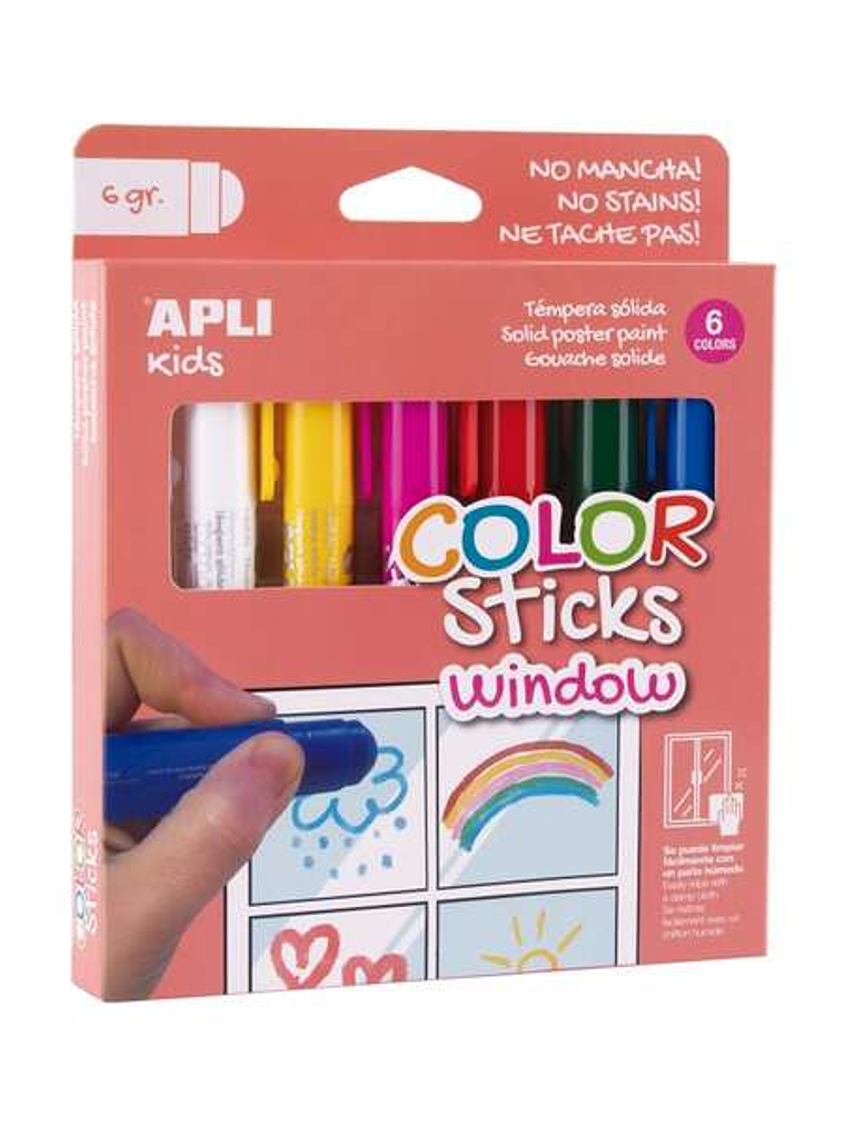 Apli Kids Color Sticks Window Pack 6 Temperas Solidas 6gr - Especiales para Dibujar y Pintar sobre Cristales - Facil Limpieza - Colores Surtidos 1
