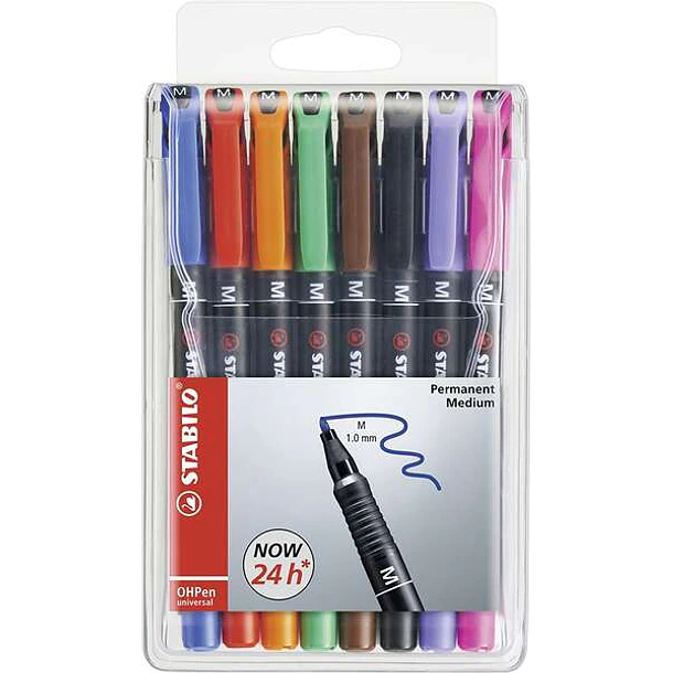 Stabilo OHPen Pack de 8 Rotuladores Permanentes - Punta Media - Trazo de 1mm - Agarre Antideslizante - Tapon Ventilado - Colores Surtidos