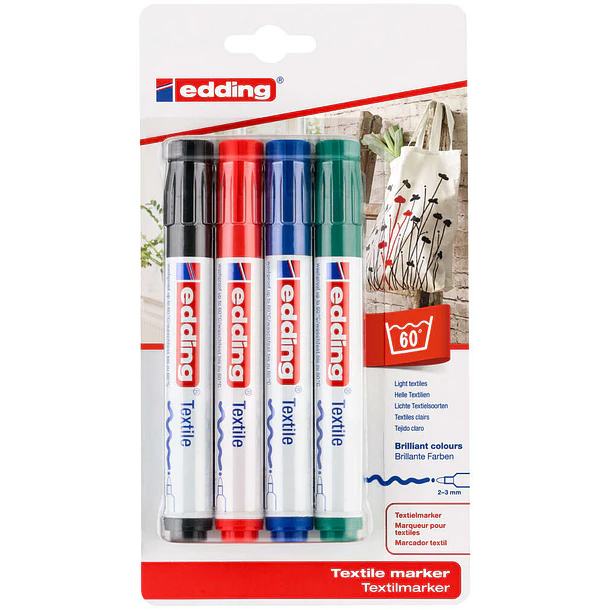 Edding 4500 Pack de 4 Rotuladores Permanentes para Textil - Punta Redonda - Trazo 2-3mm - Olor Neutro - Secado Rapido - Colores Negro, Verde, Rojo y A