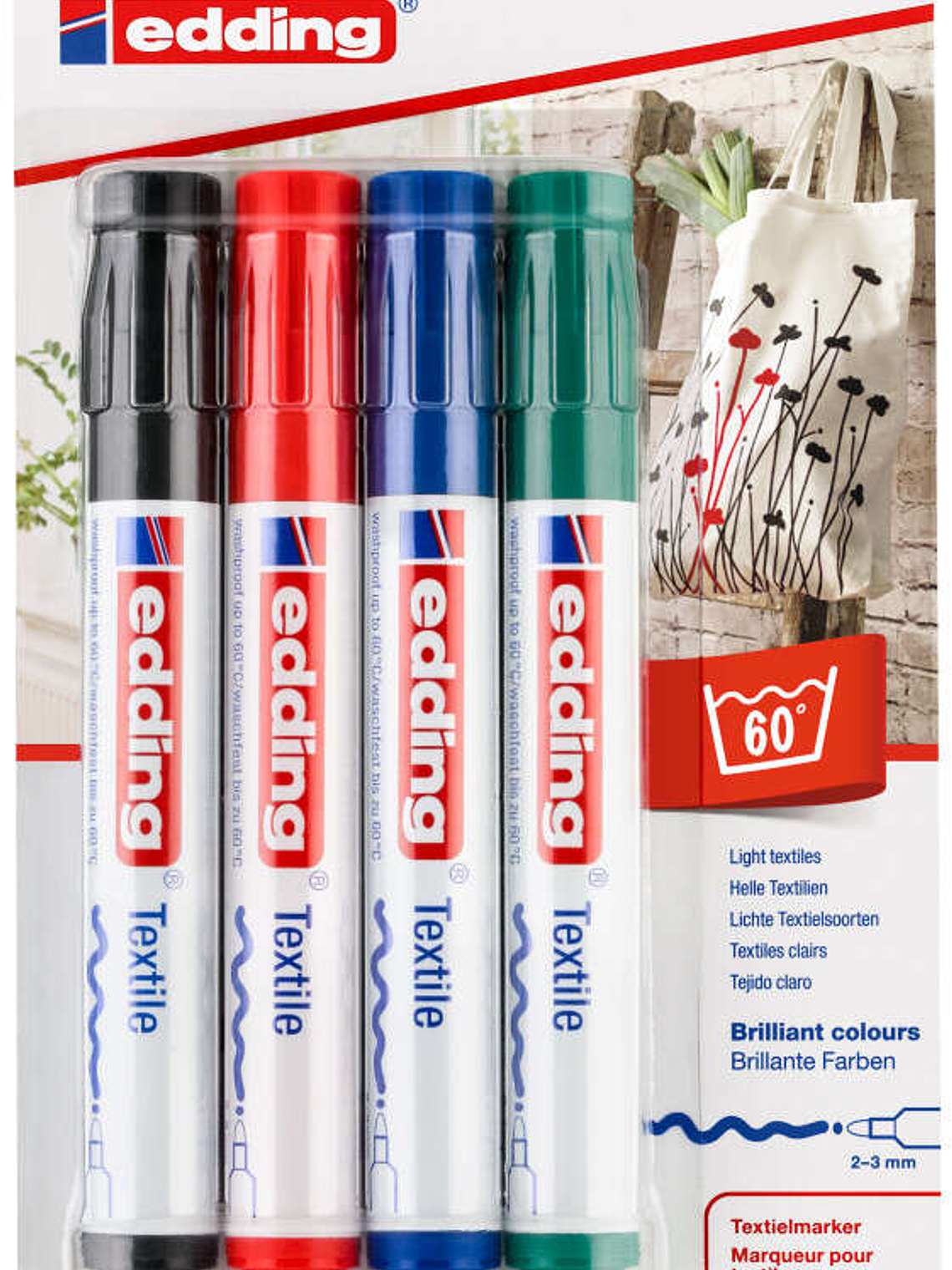 Edding 4500 Pack de 4 Rotuladores Permanentes para Textil - Punta Redonda - Trazo 2-3mm - Olor Neutro - Secado Rapido - Colores Negro, Verde, Rojo y A 1