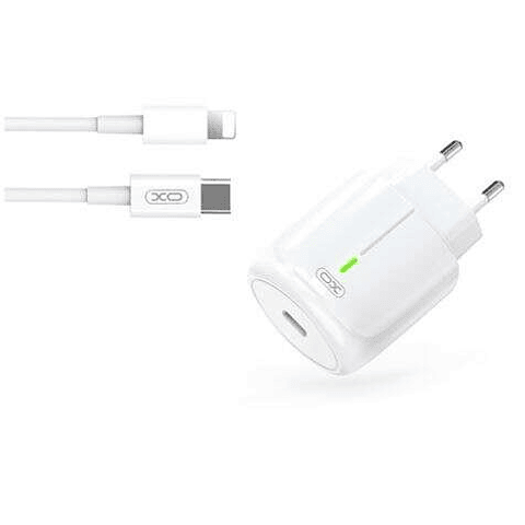 XO Cargador de Carga Rapida 20W - Puerto Tipo C - Carga + Del 50% en 30 Minutos - Proteccion de Sobretensiones - Incluye Cable de Carga Lightning - Co
