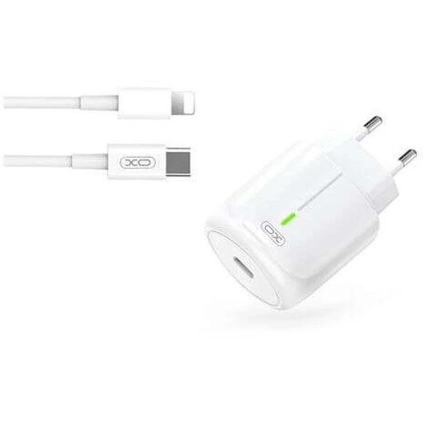 XO Cargador de Carga Rapida 20W - Puerto Tipo C - Carga + Del 50% en 30 Minutos - Proteccion de Sobretensiones - Incluye Cable de Carga Lightning - Co