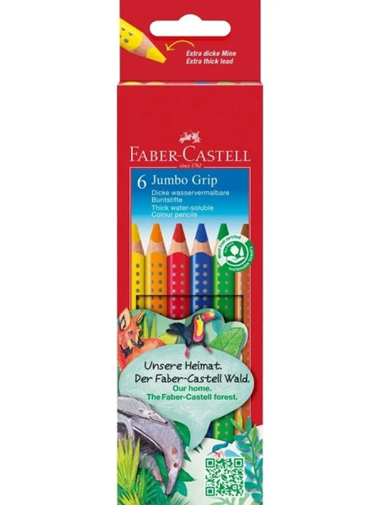 Faber-Castell Jumbo Grip Pack de 6 Lapices de Colores Triangulares con Grip de Agarre - Mina Extragruesa Jumbo - Acuarelable y Lavable - Colores Surti 1