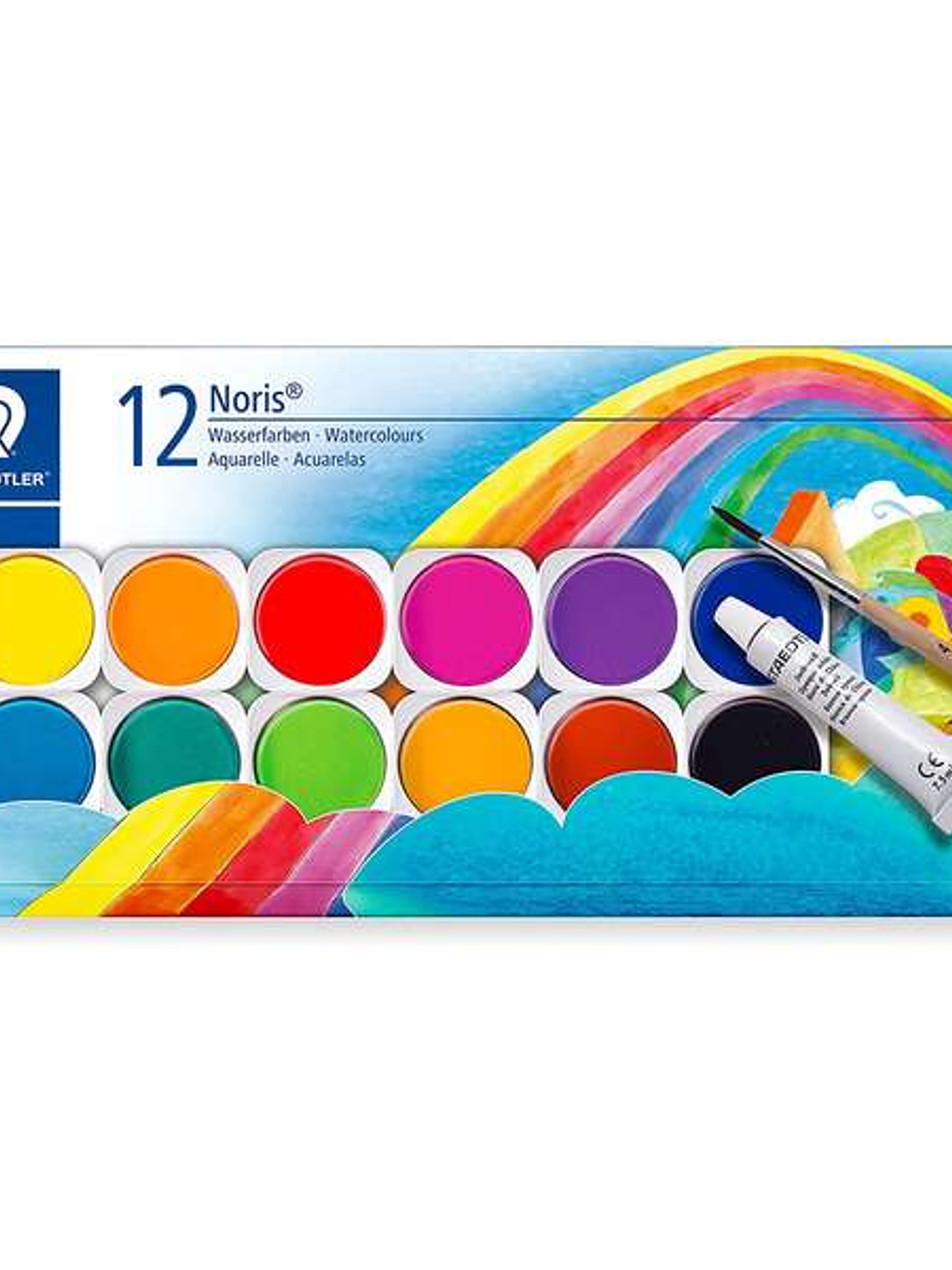 Staedtler Noris 888 12 Pastillas de Acuarela + Tubo Zinc Blanco + Pincel - Mezclables entre si - Colores Surtidos 1