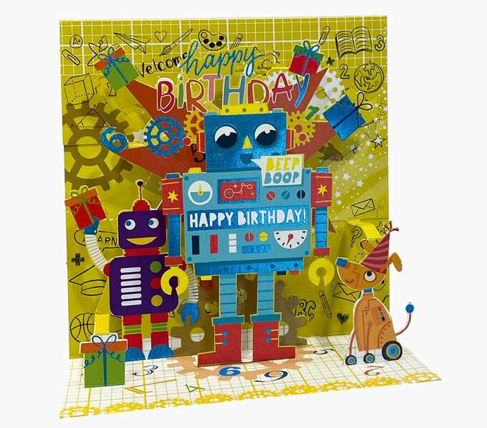 Pictura Tarjeta 3D Pop-Up - 16x16cm - Tematica Robots - Embolsada Individualmente - Incluido Sobre Blanco - Papel con Certificacion FSC 1