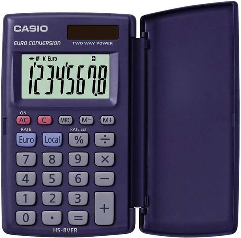 Casio HS-8VERA Calculadora de Bolsillo con Tapa - Pantalla LC Extragrande de 8 Digitos - Funcion Conversor de Euros - Color Azul Oscuro 1