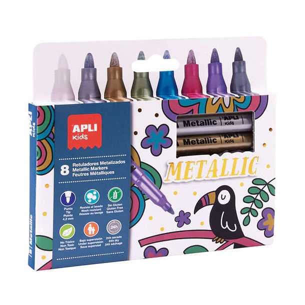 Apli Pack de 8 Rotuladores Metalizados - Cuerpo Redondo y Punta de 4.2mm - Ideal para Decorar en Papel, Carton, Ceramica, Etc - Limpieza Facil - Tinta