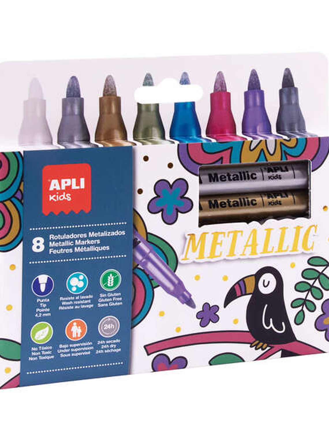 Apli Pack de 8 Rotuladores Metalizados - Cuerpo Redondo y Punta de 4.2mm - Ideal para Decorar en Papel, Carton, Ceramica, Etc - Limpieza Facil - Tinta 1