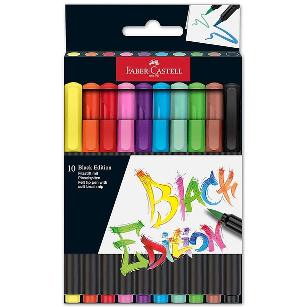 Faber-Castell Black Edition Pack de 10 Rotuladores Punta Pincel - Tinta a Base de Colorantes Alimentarios - Colores Surtidos