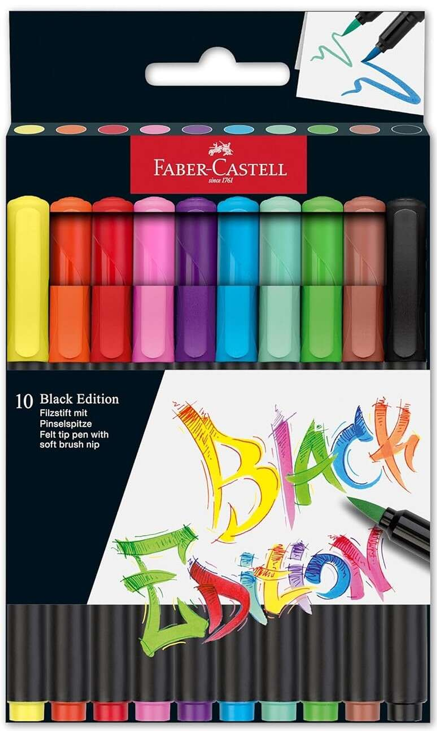 Faber-Castell Black Edition Pack de 10 Rotuladores Punta Pincel - Tinta a Base de Colorantes Alimentarios - Colores Surtidos 1