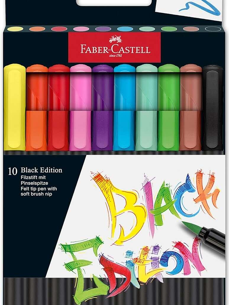 Faber-Castell Black Edition Pack de 10 Rotuladores Punta Pincel - Tinta a Base de Colorantes Alimentarios - Colores Surtidos 1