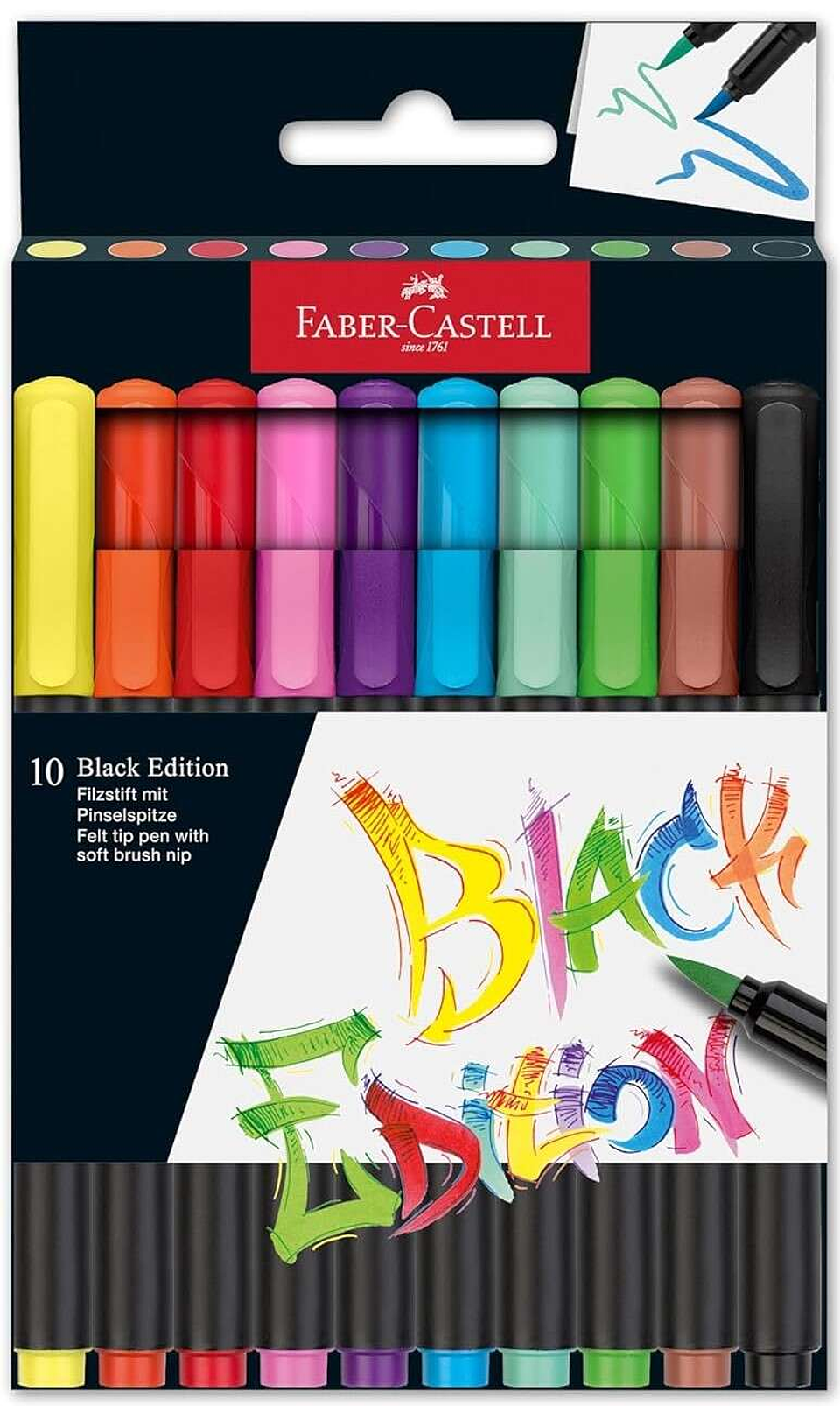 Faber-Castell Black Edition Pack de 10 Rotuladores Punta Pincel - Tinta a Base de Colorantes Alimentarios - Colores Surtidos 1