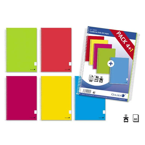 Golden Pack de 5 Cuadernos Espiral Folio 80 Hojas Cuadricula 4x4 - Margen Remarcado - Tapa Normal Plastificada - Colores Surtidos