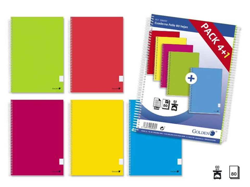 Golden Pack de 5 Cuadernos Espiral Folio 80 Hojas Cuadricula 4x4 - Margen Remarcado - Tapa Normal Plastificada - Colores Surtidos 1
