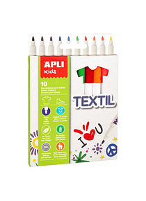 Apli Kids Pack de 10 Rotuladores para Textil - Punta Redonda Bloqueada Ø 2.9mm - Capuchon Anti Asfixia - No Toxicos - Larga Duracion - Ideal para todo