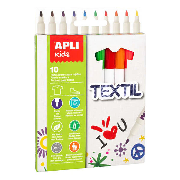 Apli Kids Pack de 10 Rotuladores para Textil - Punta Redonda Bloqueada Ø 2.9mm - Capuchon Anti Asfixia - No Toxicos - Larga Duracion - Ideal para todo