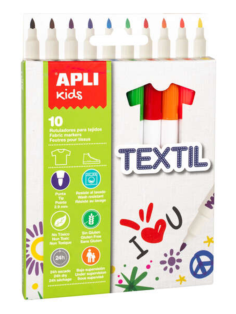 Apli Kids Pack de 10 Rotuladores para Textil - Punta Redonda Bloqueada Ø 2.9mm - Capuchon Anti Asfixia - No Toxicos - Larga Duracion - Ideal para todo 1