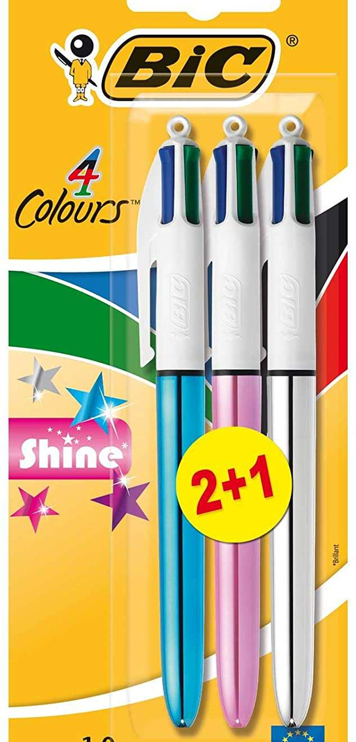 Bic 4 Colours Shine 2+1 Pack de 3 Boligrafos de Bola Retractil - Punta Media de 1.0mm - Tinta con Base de Aceite - Cuerpo de Colores Metalicos Surtido 1