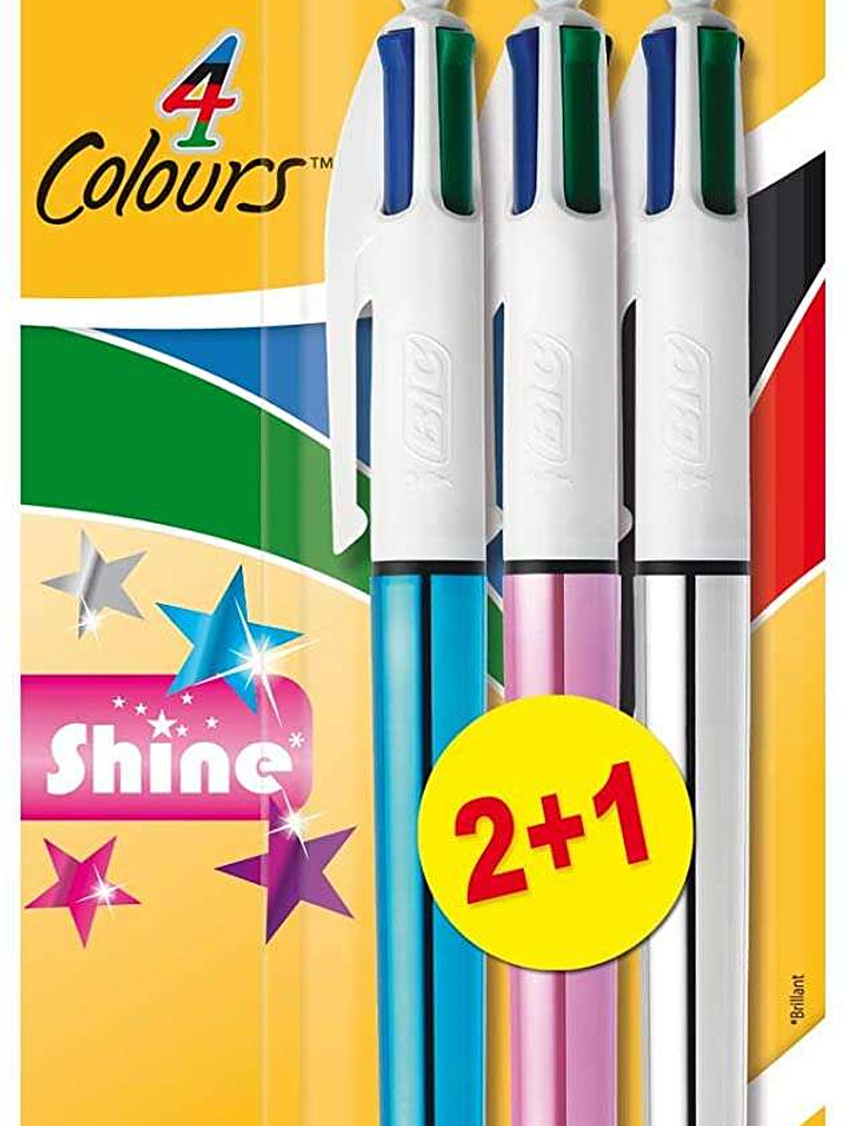 Bic 4 Colours Shine 2+1 Pack de 3 Boligrafos de Bola Retractil - Punta Media de 1.0mm - Tinta con Base de Aceite - Cuerpo de Colores Metalicos Surtido 1