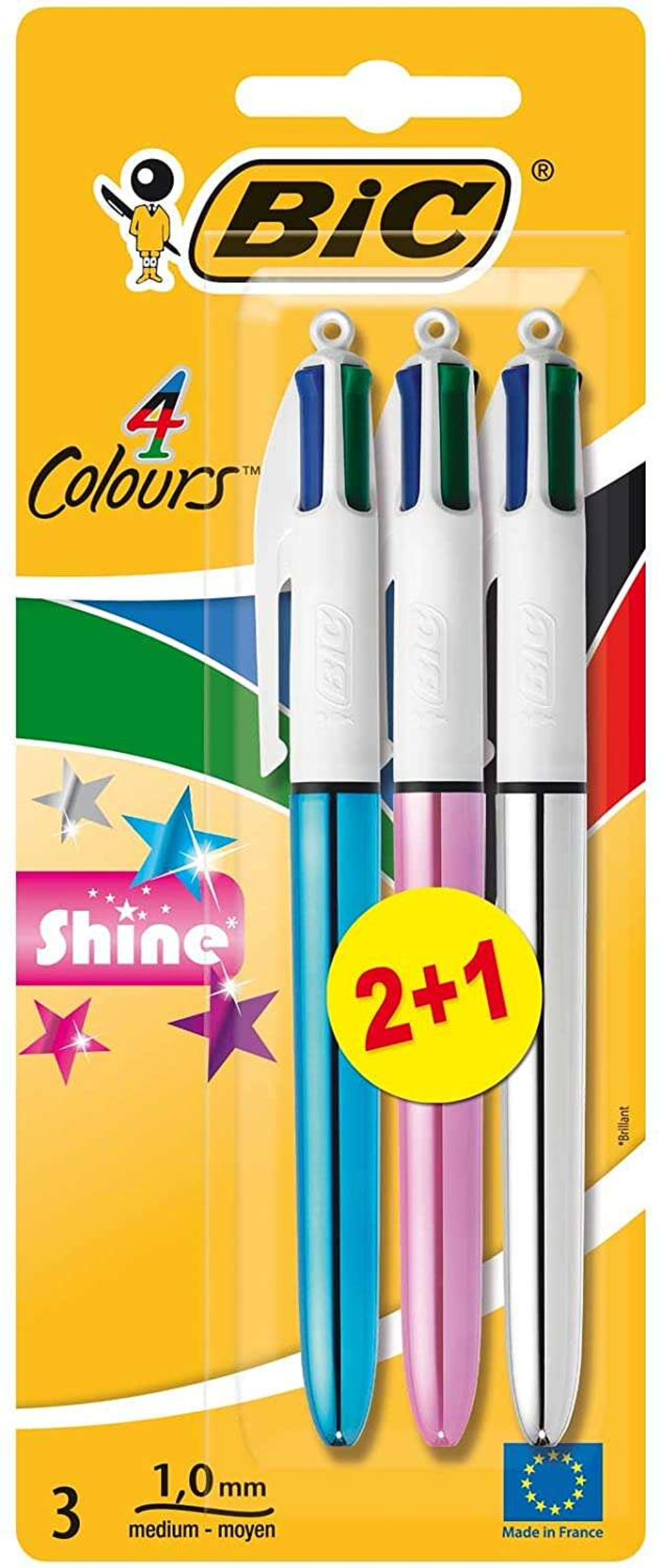 Bic 4 Colours Shine 2+1 Pack de 3 Boligrafos de Bola Retractil - Punta Media de 1.0mm - Tinta con Base de Aceite - Cuerpo de Colores Metalicos Surtido 1