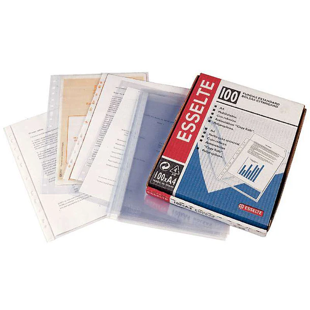 Esselte Caja de 100 Fundas Porta Documentos Multitaladro-16 - Tamaño Folio - Cristal Liso Calidad Estandar - Transparente