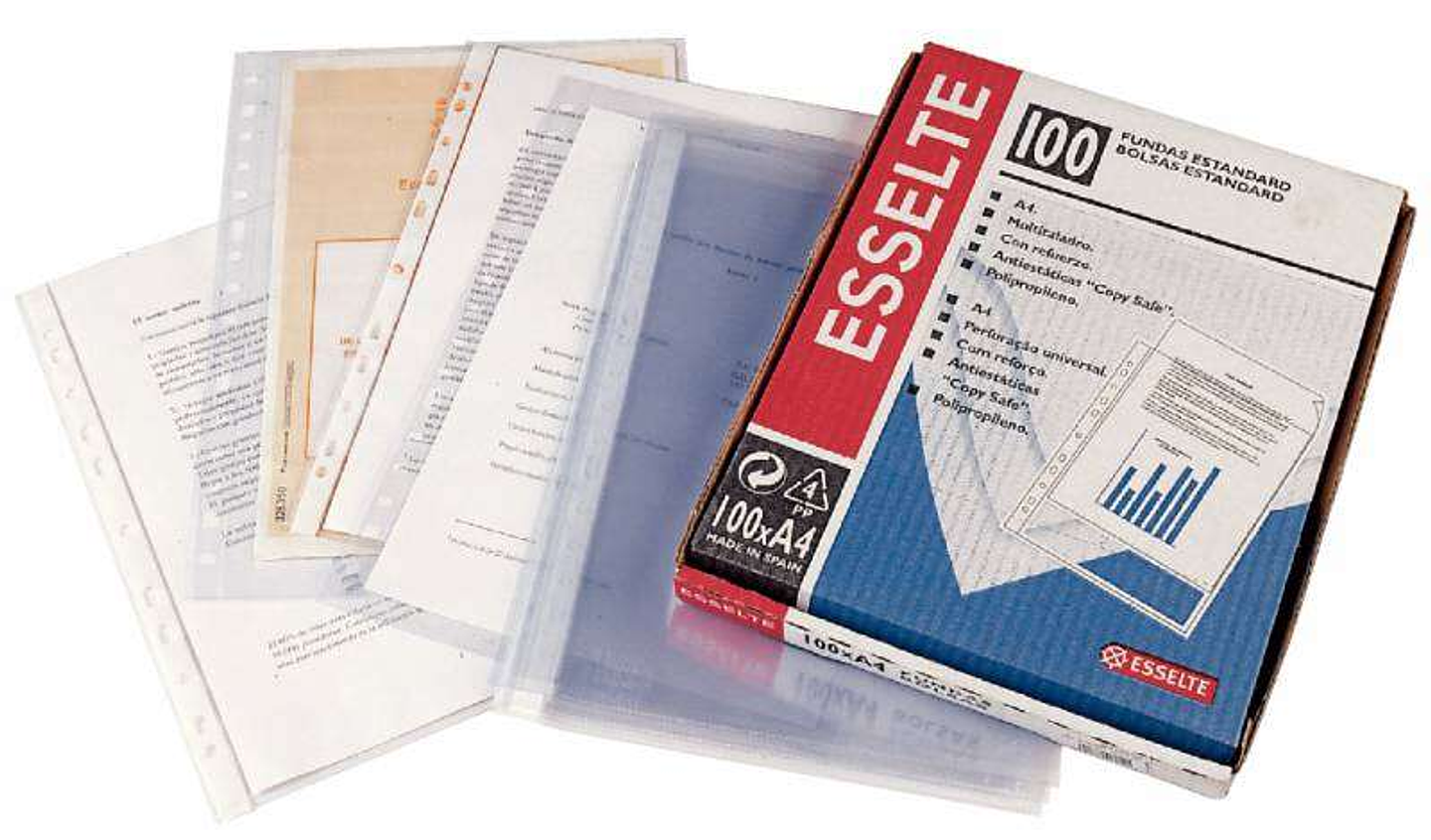 Esselte Caja de 100 Fundas Porta Documentos Multitaladro-16 - Tamaño Folio - Cristal Liso Calidad Estandar - Transparente 1