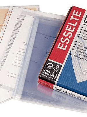 Esselte Caja de 100 Fundas Porta Documentos Multitaladro-16 - Tamaño Folio - Cristal Liso Calidad Estandar - Transparente