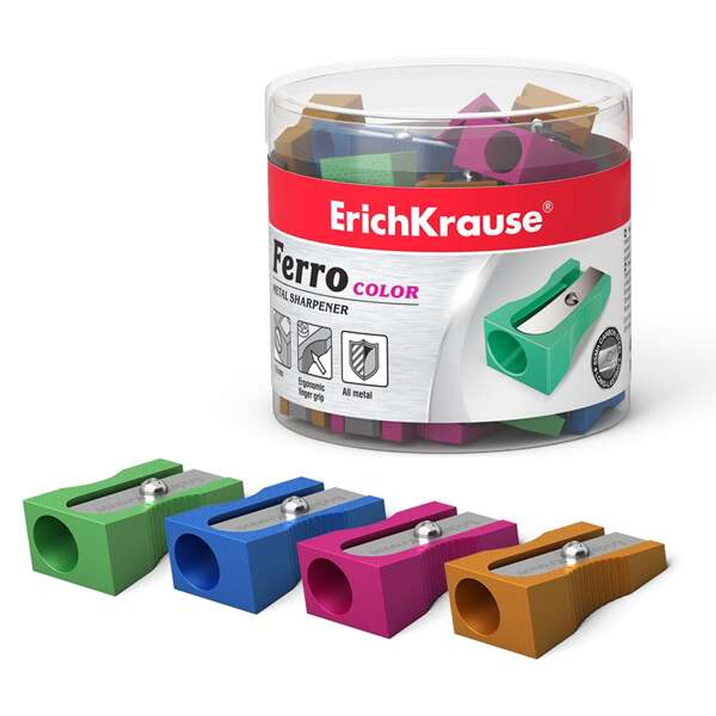 Erichkrause Ferro Color - Sacapuntas de Aluminio con Agarre Ergonomico - Orificio de 8mm - Cuchilla de Acero al Carbono - Surtido de Colores Brillante 1