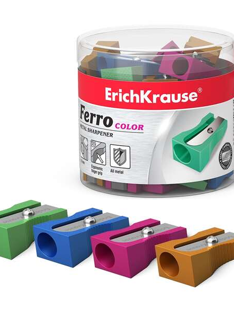 Erichkrause Ferro Color - Sacapuntas de Aluminio con Agarre Ergonomico - Orificio de 8mm - Cuchilla de Acero al Carbono - Surtido de Colores Brillante 1