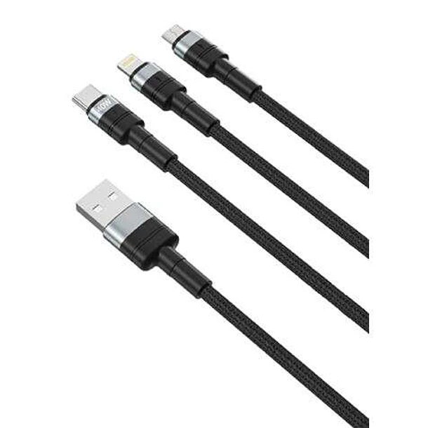 XO Cable NBQ191 Carga Rapida 40W 3 en 1 - Micro + Tipo C + Lightning a USB