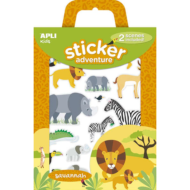 Apli Pack de 34 Pegatinas con Tematica Animales de la Sabana - Incluye 2 Escenarios 45x20cm y 34 Pegatinas - Ideal para Crear Historias y Aventuras
