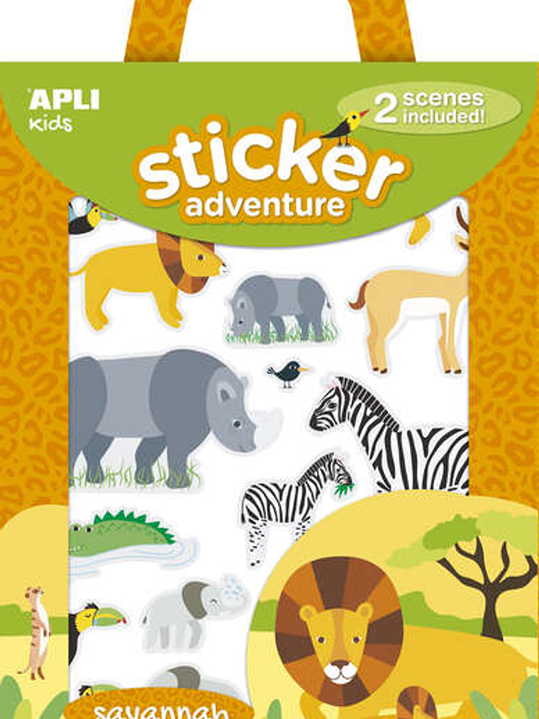 Apli Pack de 34 Pegatinas con Tematica Animales de la Sabana - Incluye 2 Escenarios 45x20cm y 34 Pegatinas - Ideal para Crear Historias y Aventuras 1