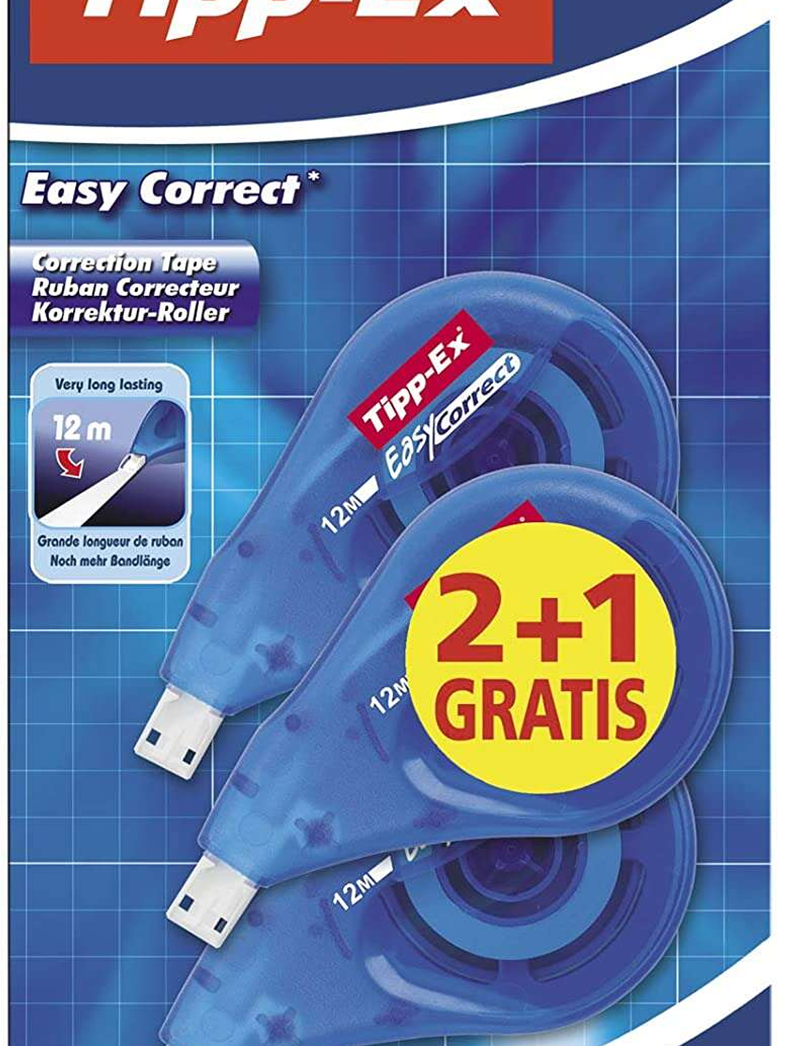 Tipp-Ex Easy Correct 2+1 Pack de 3 Cintas Correctoras 4.2mm x 12m - Resistente - Escritura Instantanea (Blister) 1