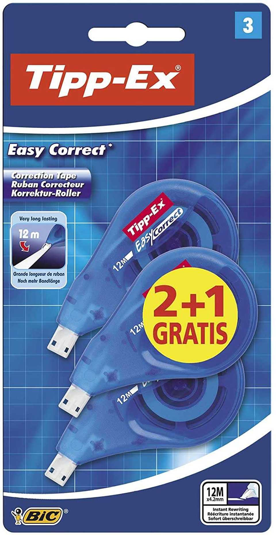 Tipp-Ex Easy Correct 2+1 Pack de 3 Cintas Correctoras 4.2mm x 12m - Resistente - Escritura Instantanea (Blister) 1