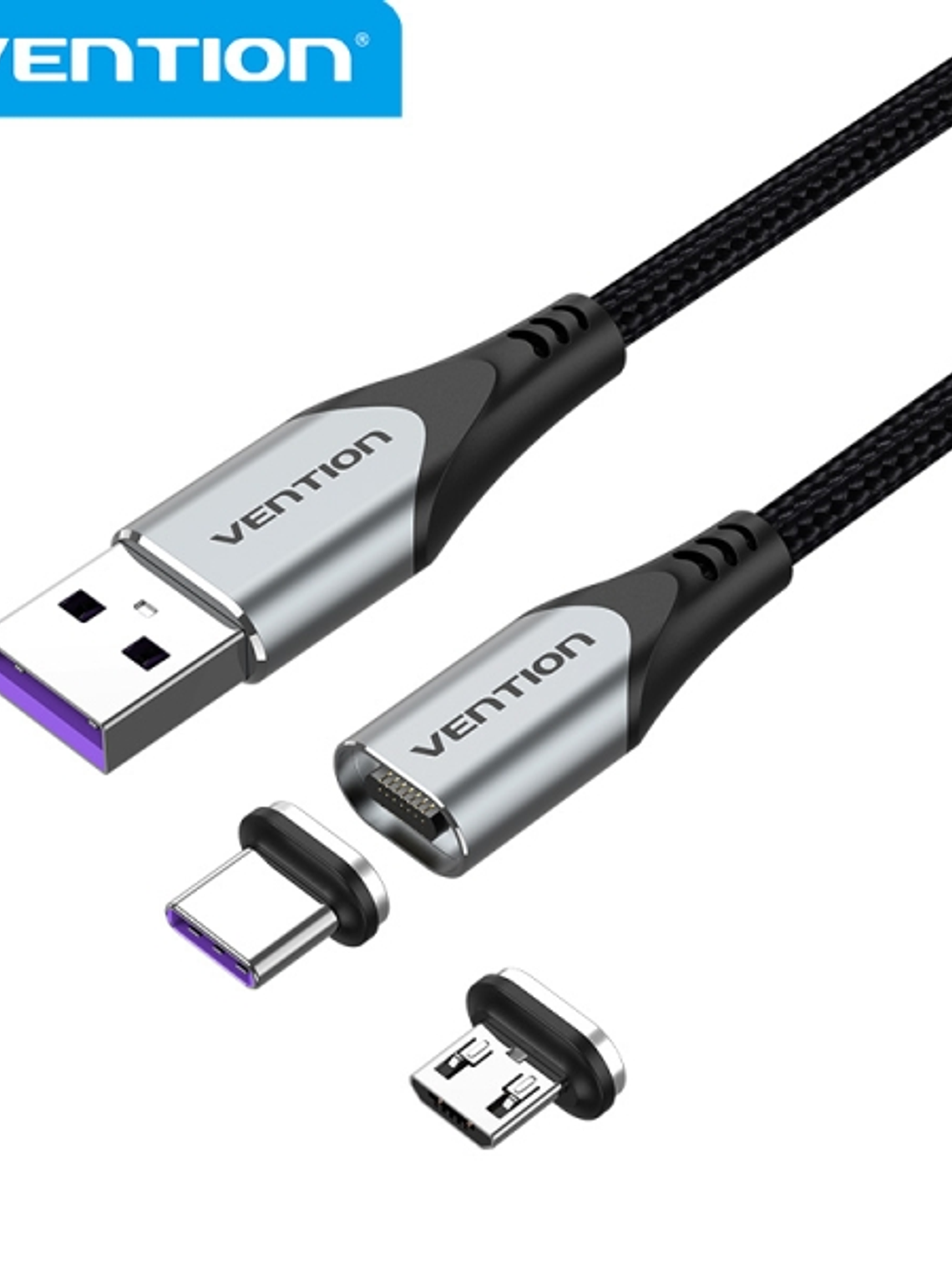 Vention Cable USB-A 2.0 Magnetico - Fichas Intercambiables USB-C y Micro USB - Carga Rapida 5A - Transmision 480Mbps - Color Gris 1
