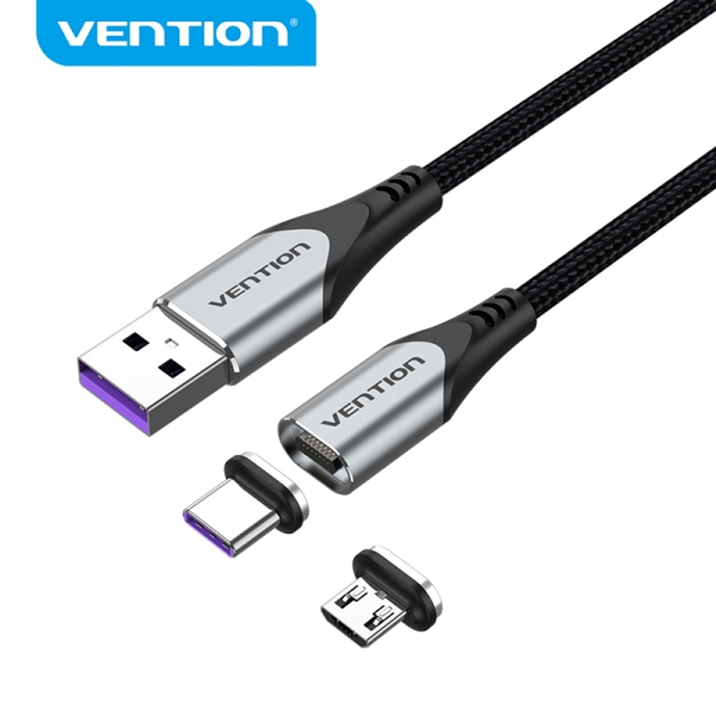 Vention Cable USB-A 2.0 Magnetico - Fichas Intercambiables USB-C y Micro USB - Carga Rapida 5A - Transmision 480Mbps - Color Gris 1