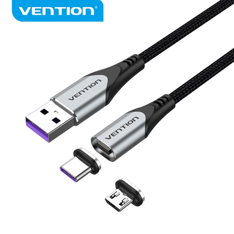 Vention Cable USB-A 2.0 Magnetico - Fichas Intercambiables USB-C y Micro USB - Carga Rapida 5A - Transmision 480Mbps - Color Gris 1