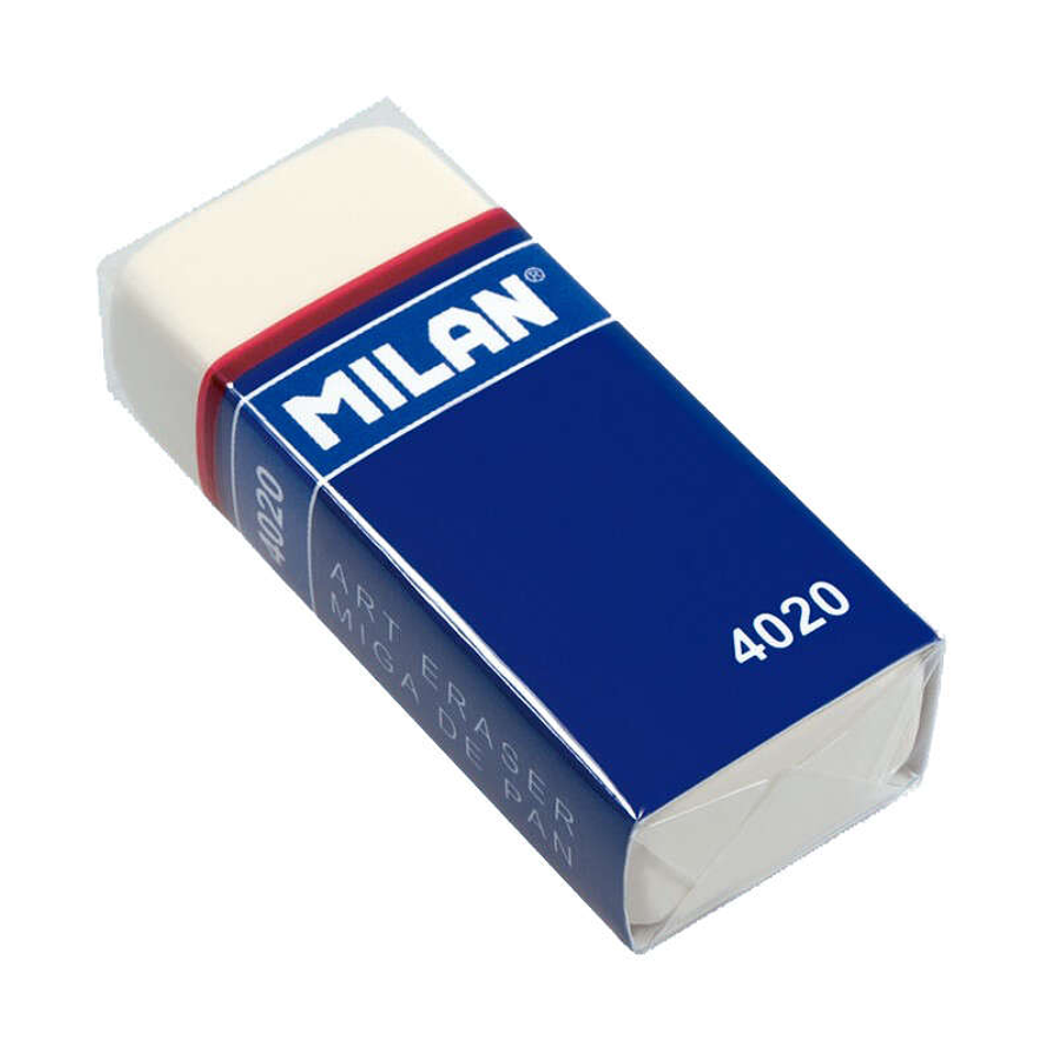 Milan 4020 Goma de Borrar Rectangular - Miga de Pan - Suave Caucho Sintetico - Faja de Carton Azul - Envuelta Individualmente - Color Blanco 1
