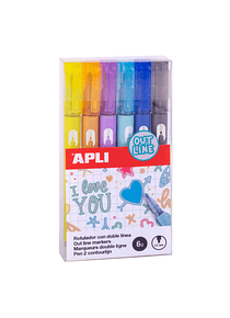 Apli Rotuladores Doble Linea - 5.5mm - Base de Alcohol - Pack 6 Colores - Escritura Interior Plata con Contorno de Color - Ideal para Decoracion - 4g
