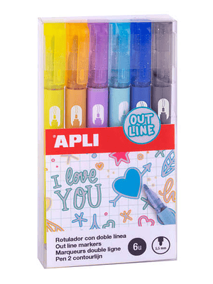 Apli Rotuladores Doble Linea - 5.5mm - Base de Alcohol - Pack 6 Colores - Escritura Interior Plata con Contorno de Color - Ideal para Decoracion - 4g